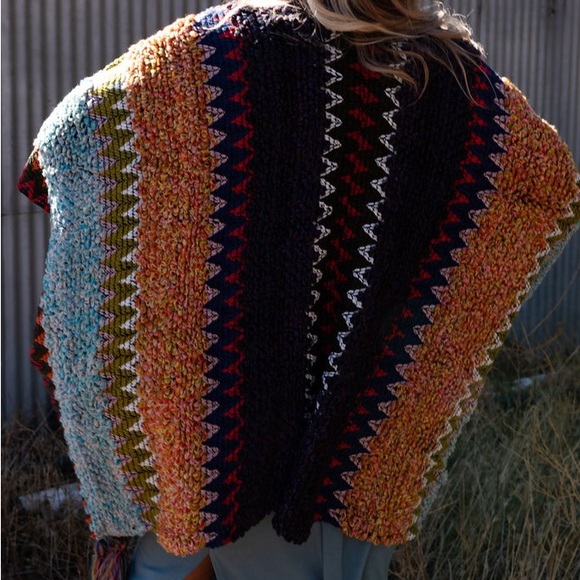 Colorful Crochet Patterned Ruana in Indigo - Picture 6 of 14